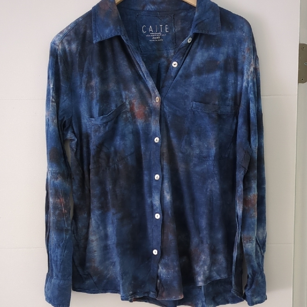 Caite Blue Tie-Dye Cotton Boho Beachy Button Down Oversized Relaxed Fit Shirt S